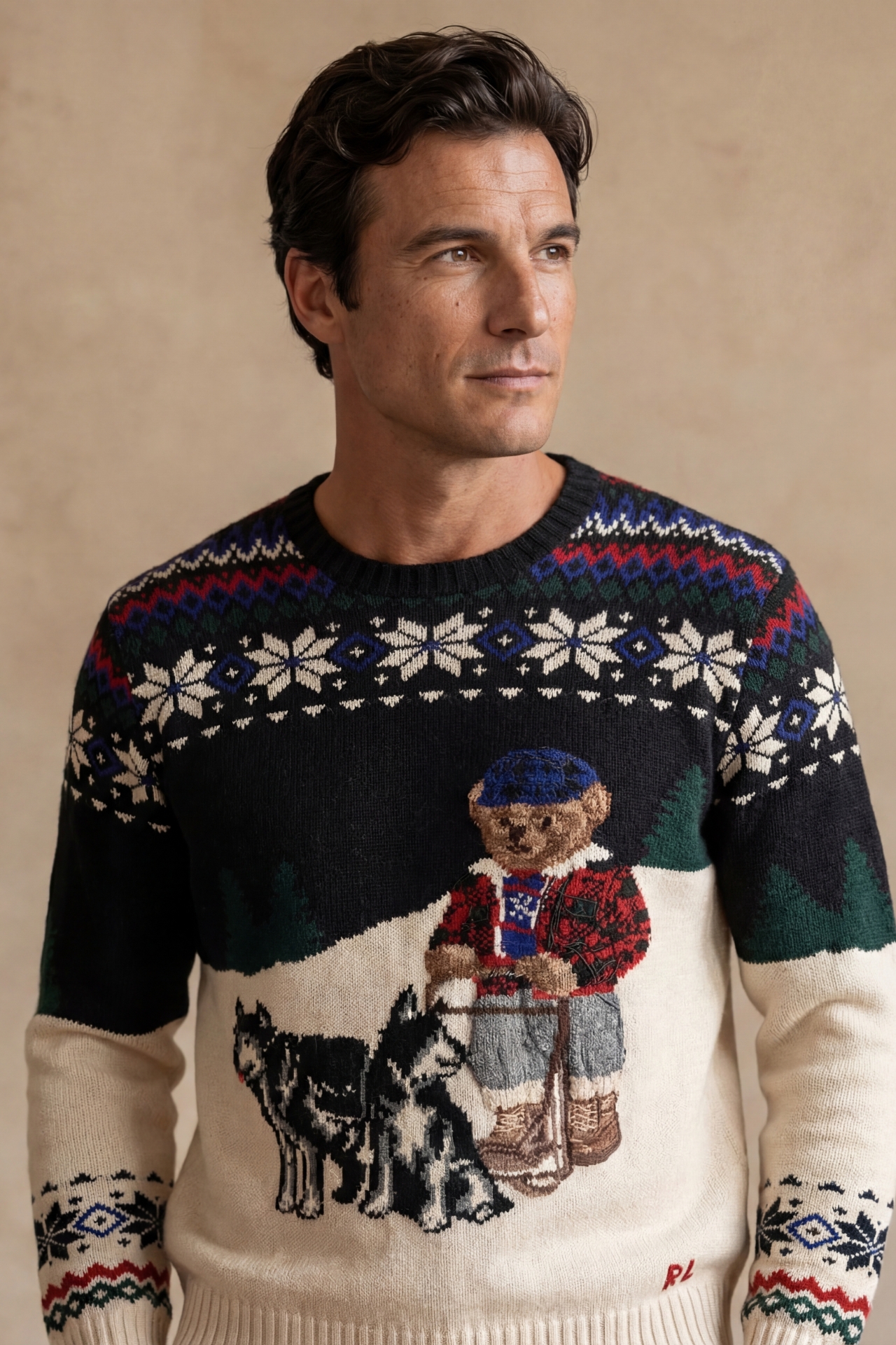 AI-generated male fashion model wearing Ralph Lauren pullover, menswear editorial portrait