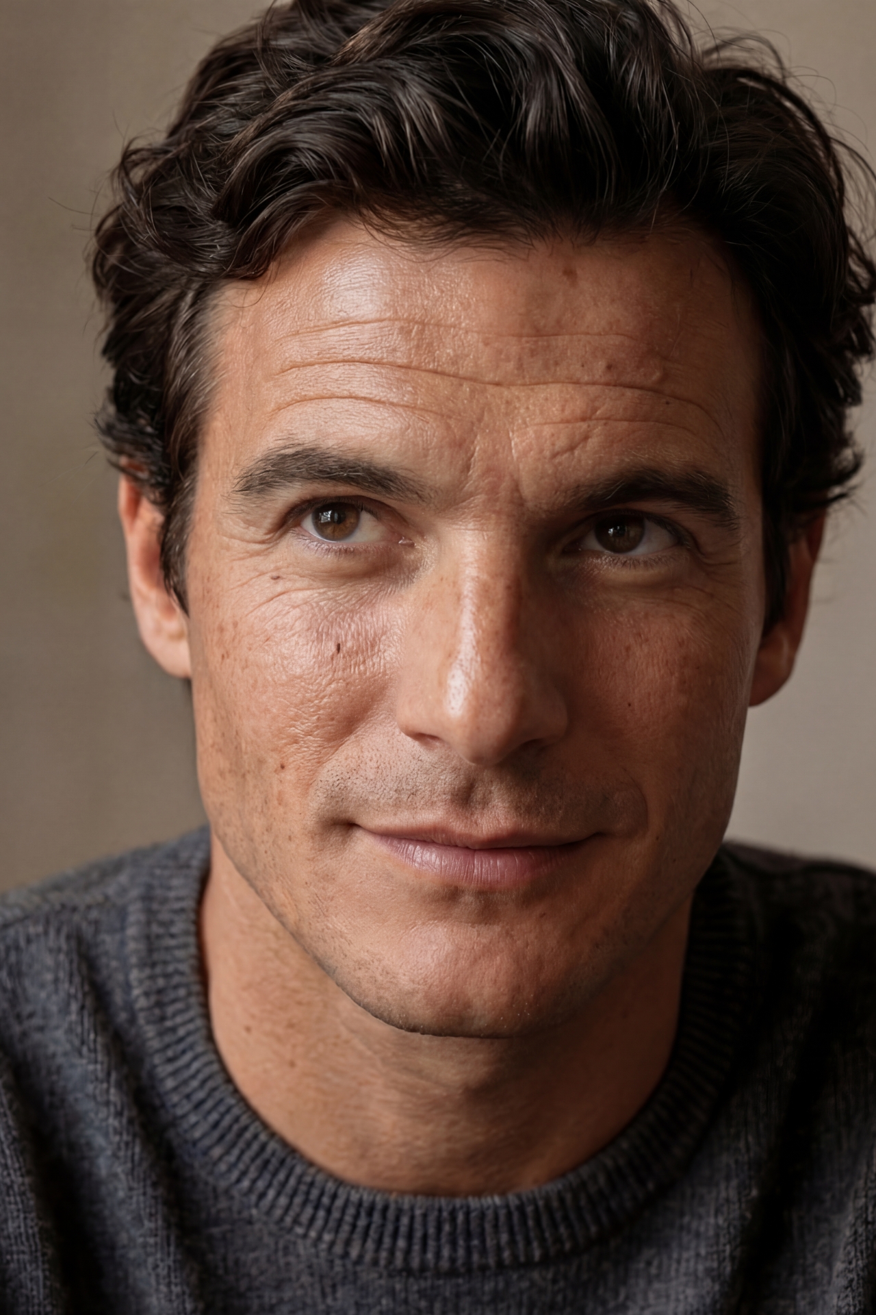 AI male model side profile portrait, clean fashion editorial lighting