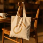 Kohi branded canvas tote bag hanging on wooden chair in warm café setting