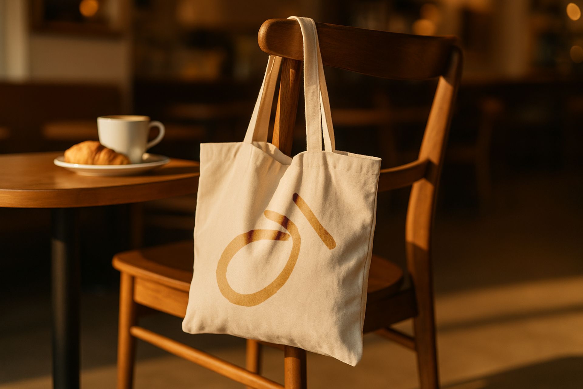 Kohi branded canvas tote bag hanging on wooden chair in warm café setting