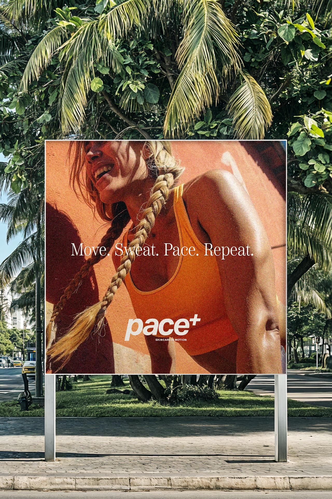 Large outdoor billboard for Pace+ sunscreen brand featuring athlete and performance-driven campaign message