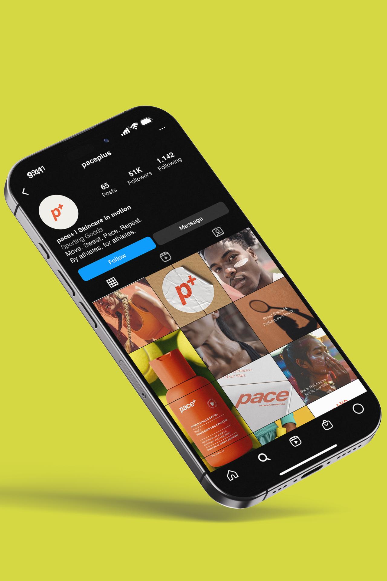 Pace+ sport skincare Instagram feed mockup showcasing cohesive brand identity and campaign visuals