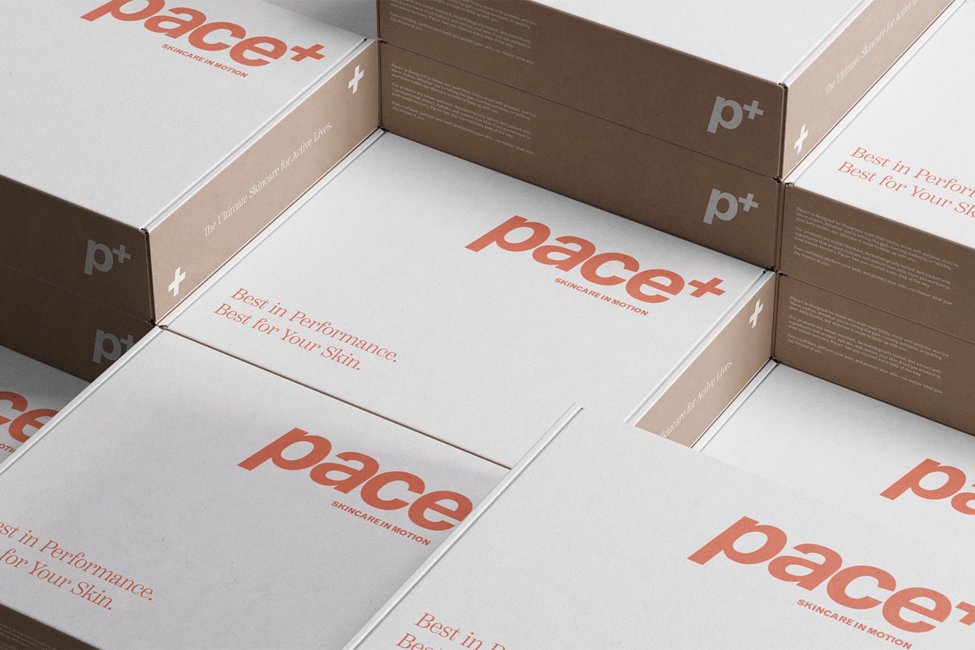 Pace+ sunscreen packaging design system with branded boxes for athletes skincare products