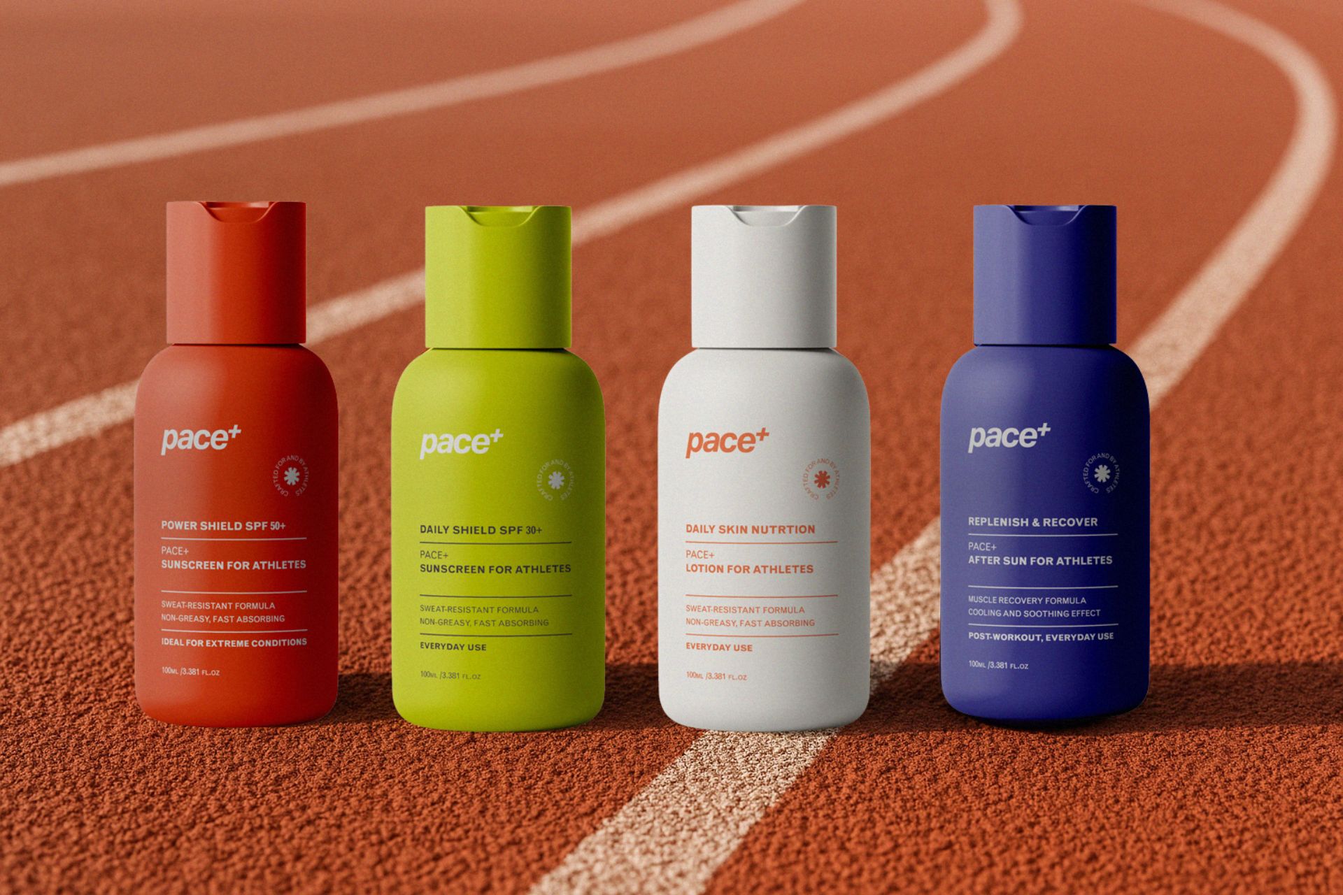Pace+ sunscreen product line displayed on athletic running track highlighting bold sport packaging design