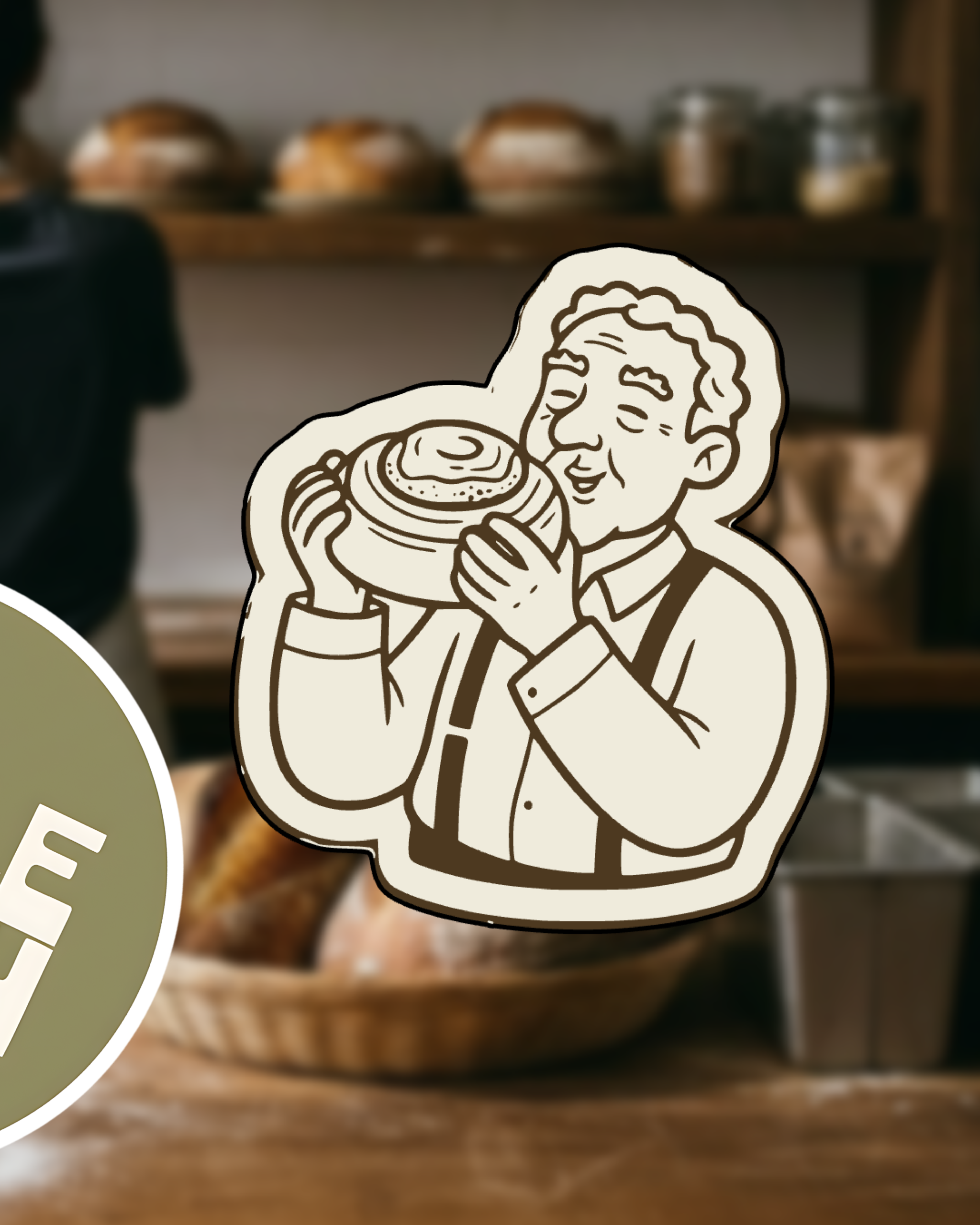 Uncle Dough illustrated baker character holding pastry, part of the brand’s visual language