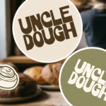 Uncle Dough circular logo variations displayed over bakery lifestyle background