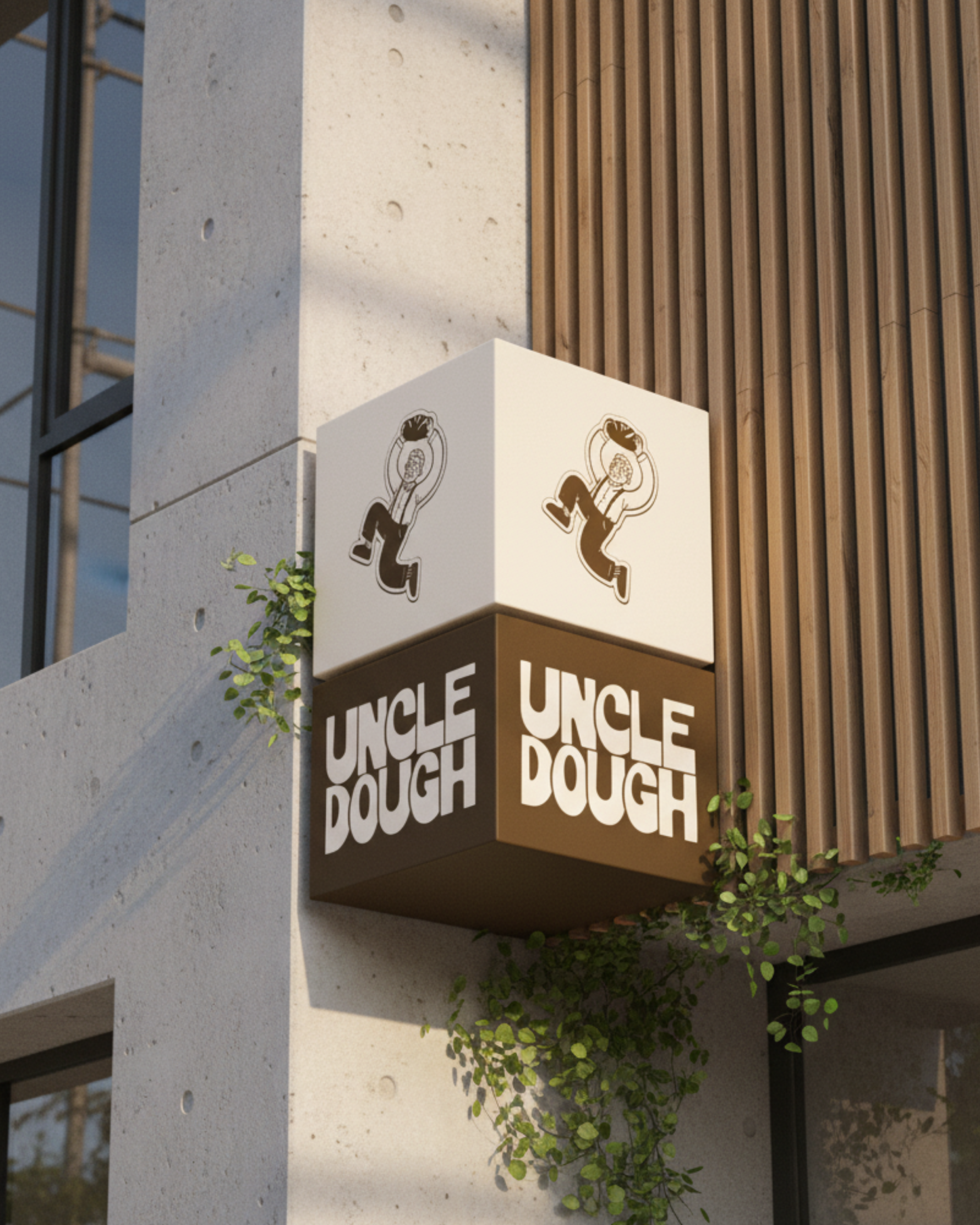 Uncle Dough bakery exterior signage with illuminated cube sign and Nordic-inspired branding
