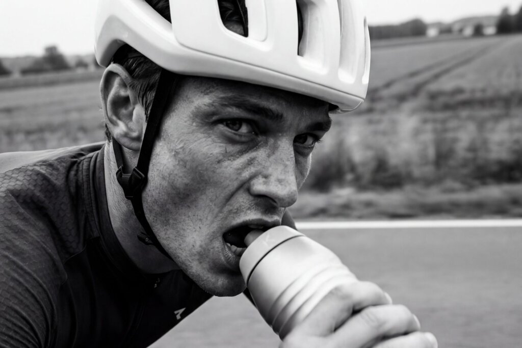 AI visual of male cyclist drinking from bottle during a road ride, close-up performance portrait