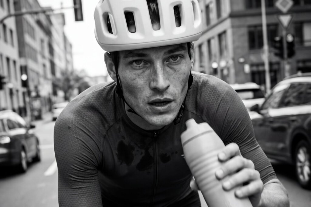 AI visual of male cyclist riding in city street with bottle, urban cycling training scene