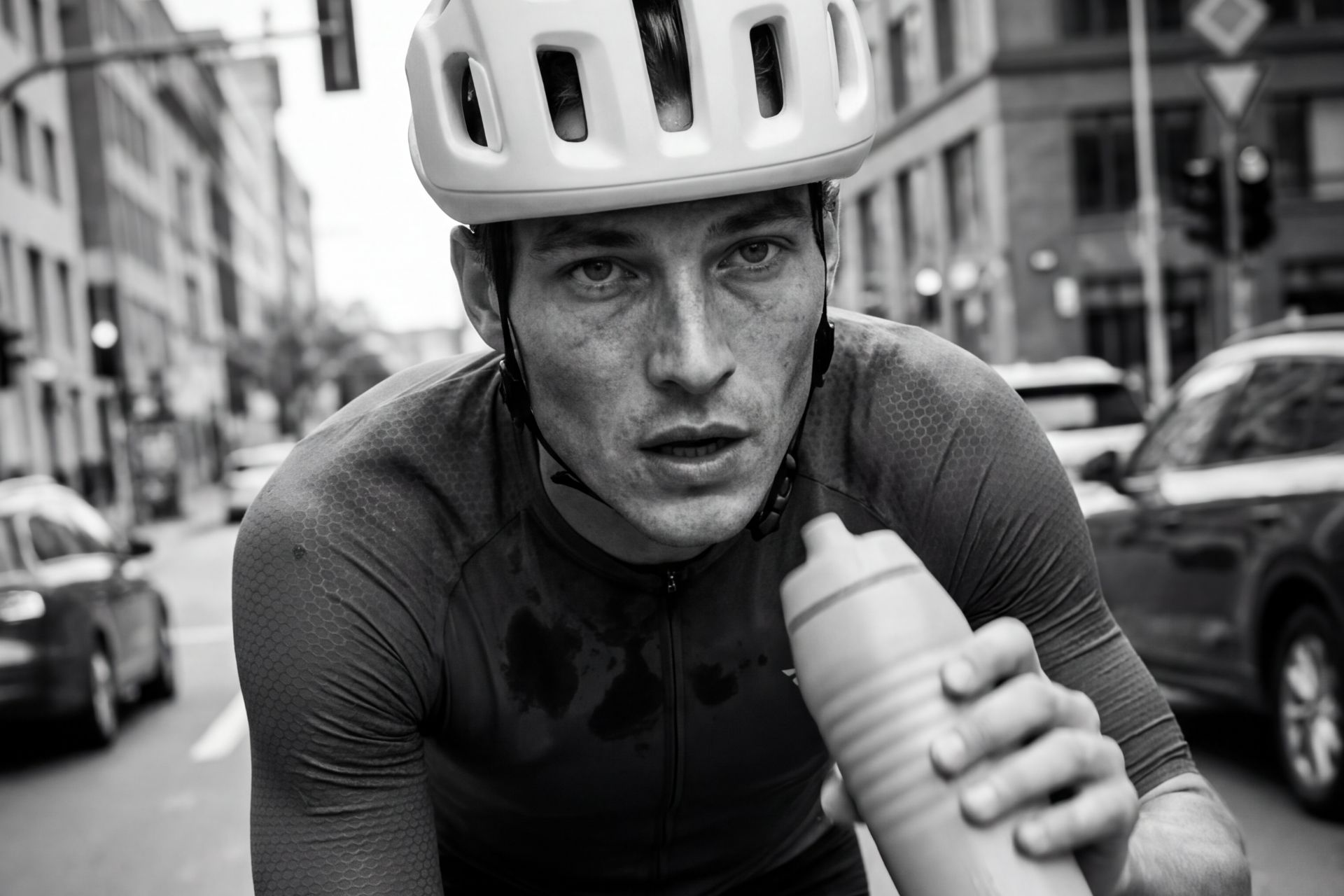 AI visual of male cyclist riding in city street with bottle, urban cycling training scene