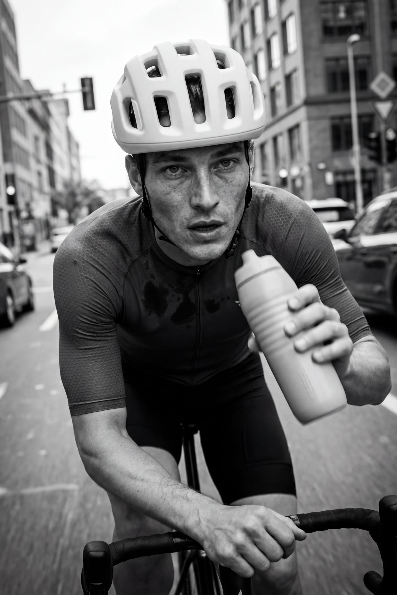 AI-generated cyclist riding through city street while drinking from water bottle