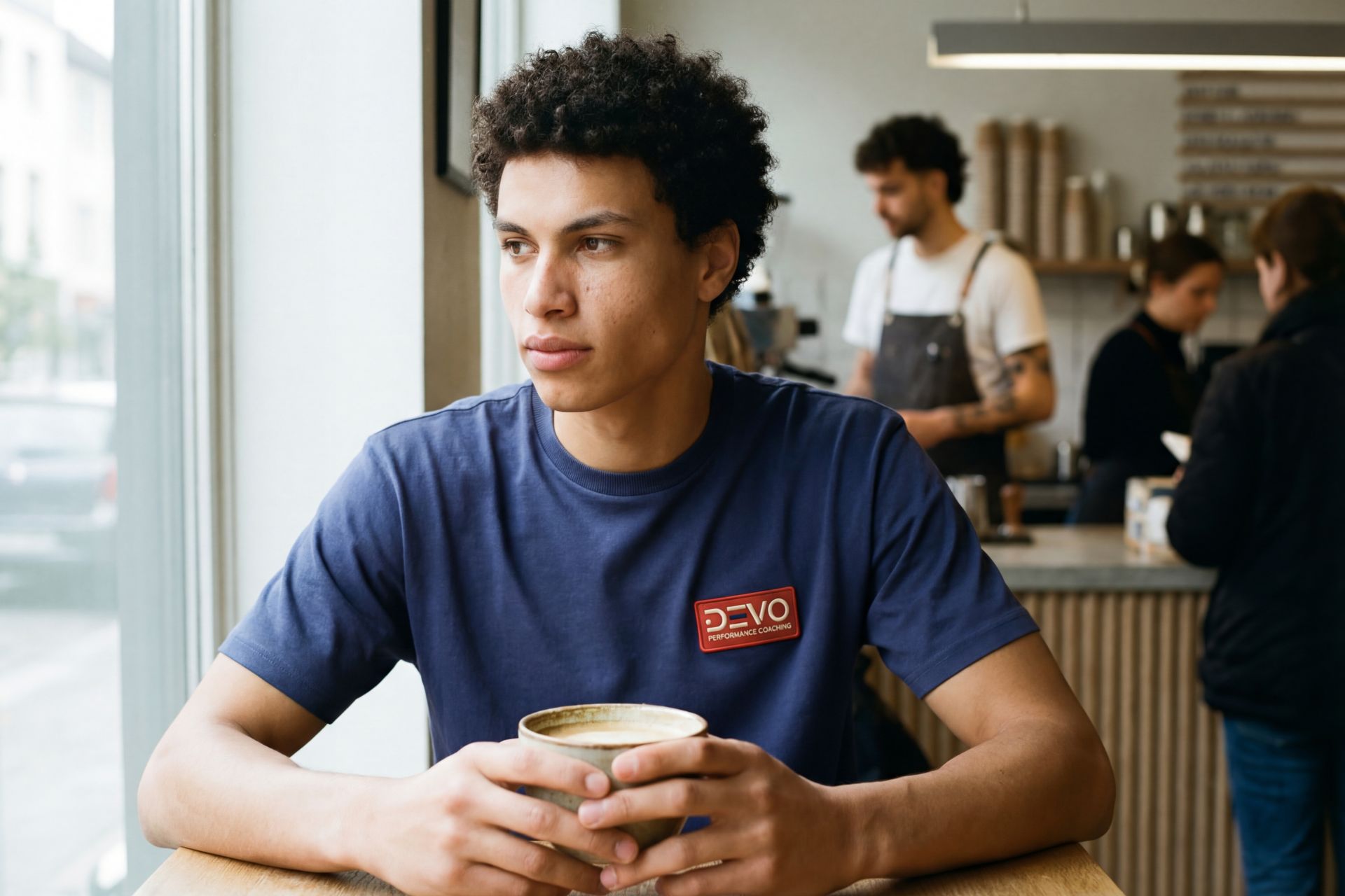 Young man with DEVO performance coaching shirt drinking coffee in modern café