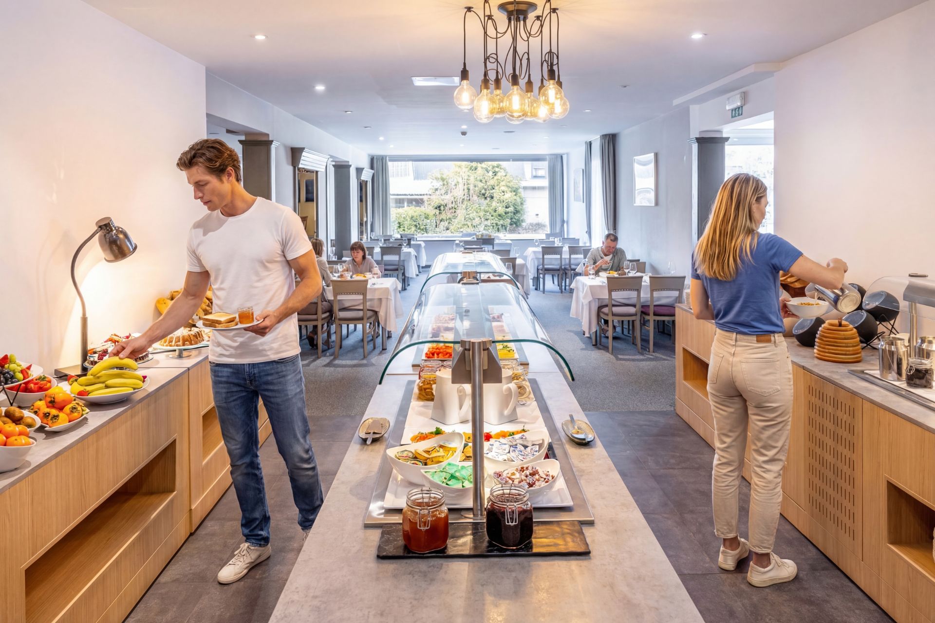 guests selecting food at hotel breakfast buffet with warm lighting and interior atmosphere