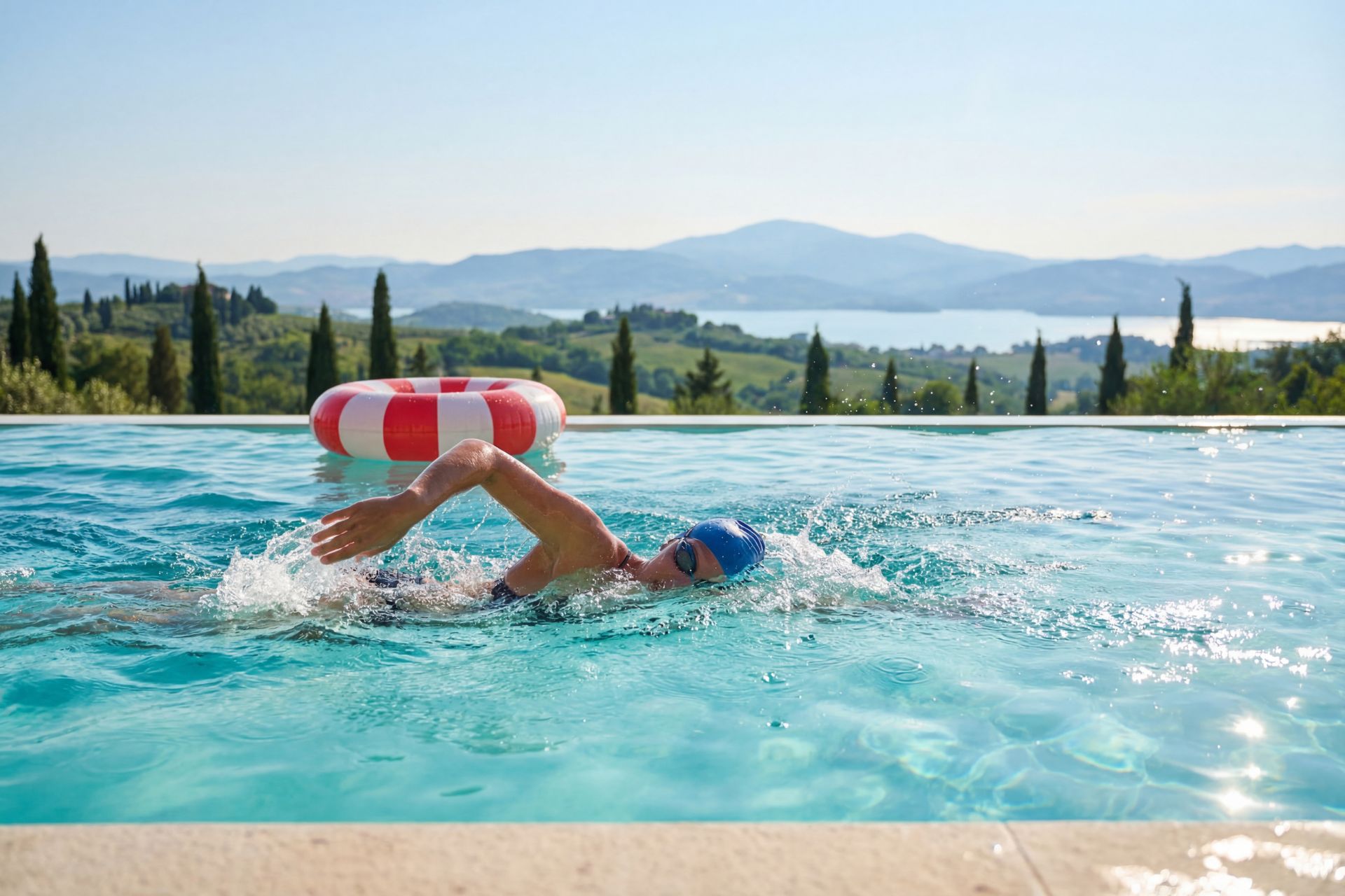Swimmer in an outdoor pool overlooking Lake Garda hills and cypress landscape